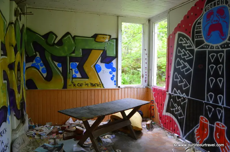 Inside with graffiti.