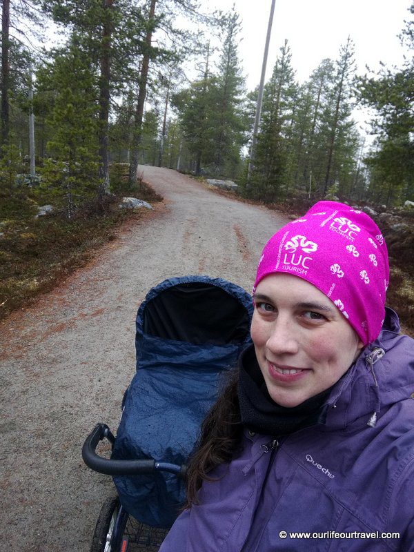 Walking in the rain with the baby in Ounasvaara, Rovaniemi, Finland