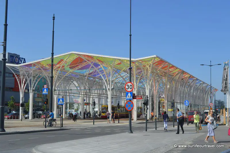 Colorful tram stop at the center of Łódź